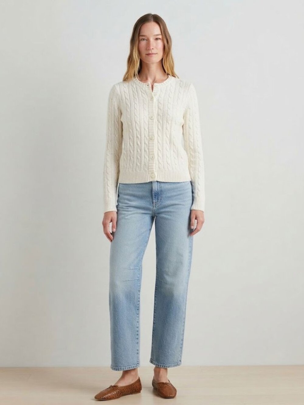 LL Bean Sweater Small Chunky Cable Knit Crew Neck Cardigan Button Front